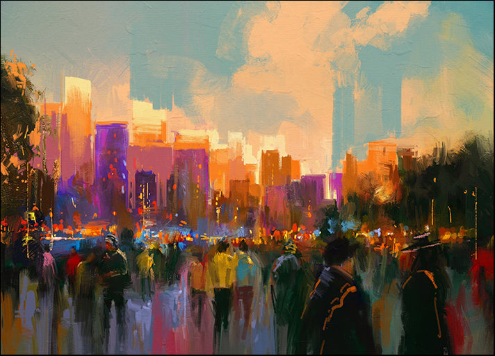 c42191552s beautiful painting of people in a city park at sunset, available in multiple sizes