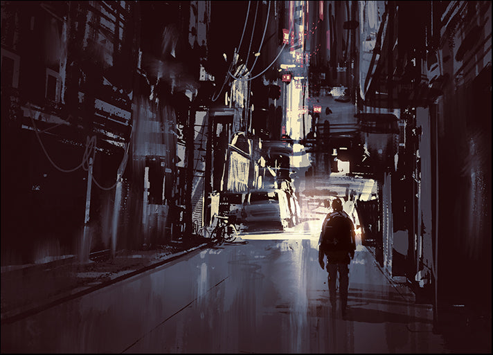c73306174s man walking alone in dark city,illustration painting, available in multiple sizes