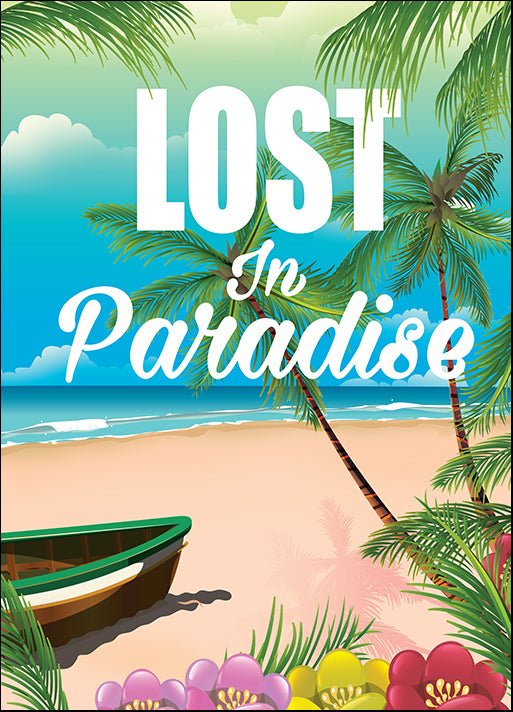 d09815568s lost in paradise beach landscape with palms and a fishing boat, available in multiple sizes