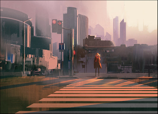 d10444917s lonely woman standing on urban pedestrian crossing,illustration painting, available in multiple sizes - Chamton