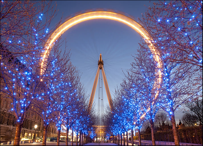 f0021220s London Eye at twilight and blue lighting decoration on trees, available in multiple sizes