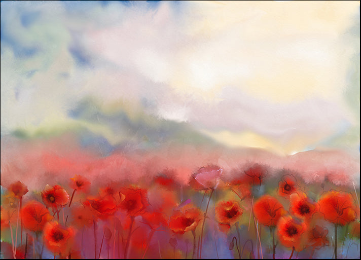 h0021108 Red Poppy Flowers Filed Watercolor Painting, available in multiple sizes